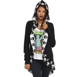 Hot Topic Skull Hooded Cardigan Women Medium Black White Goth Open Front Knit